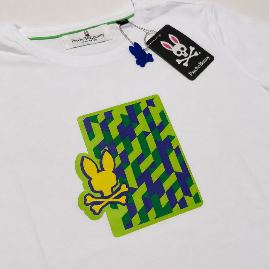 Playera Calidad Turca Psycho Bunny Blanca (geométrico verde)